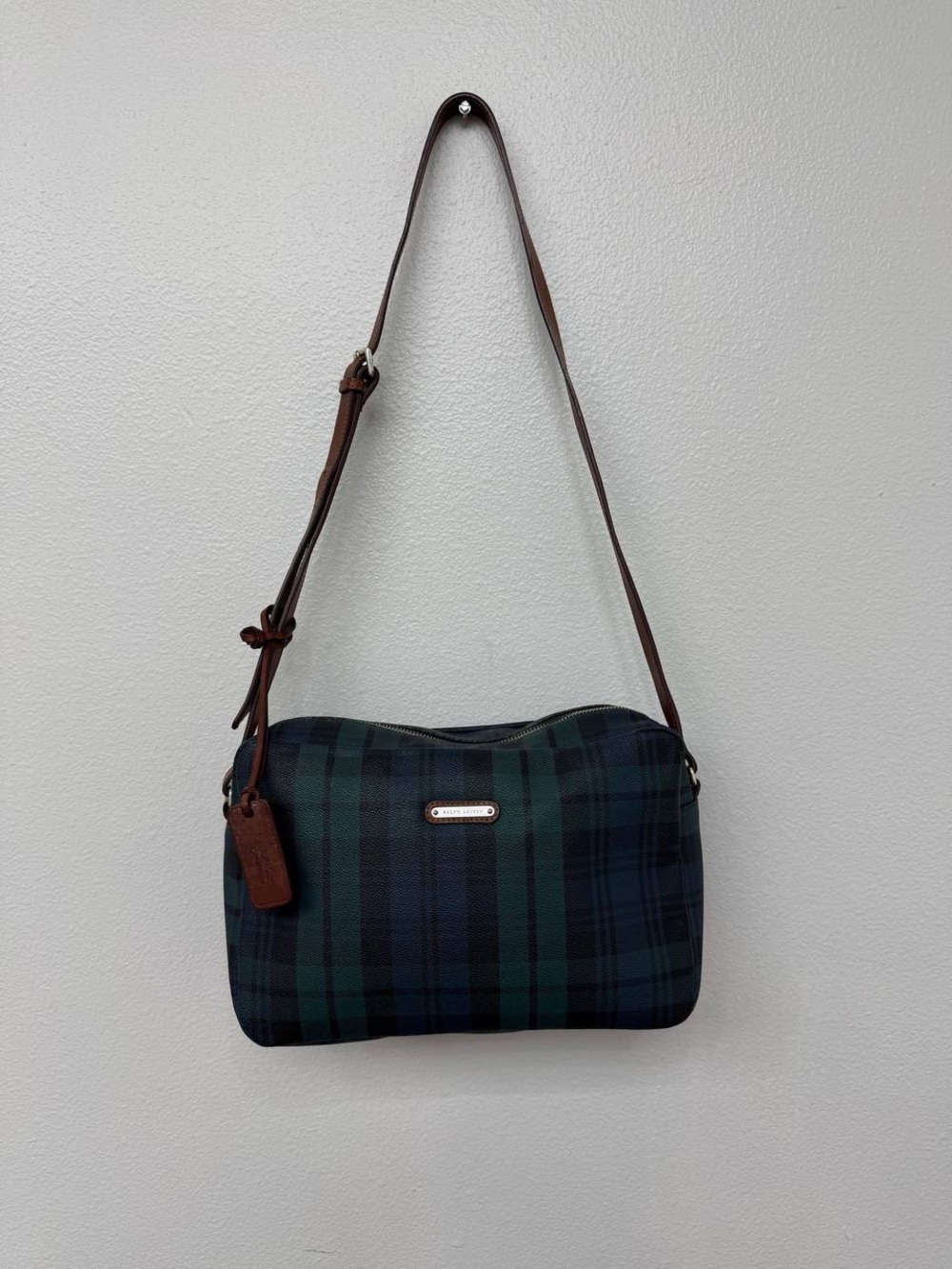 Ralph Lauren Blackwatch Tartan Plaid Crossbody Shoulder Bag Brown Leather